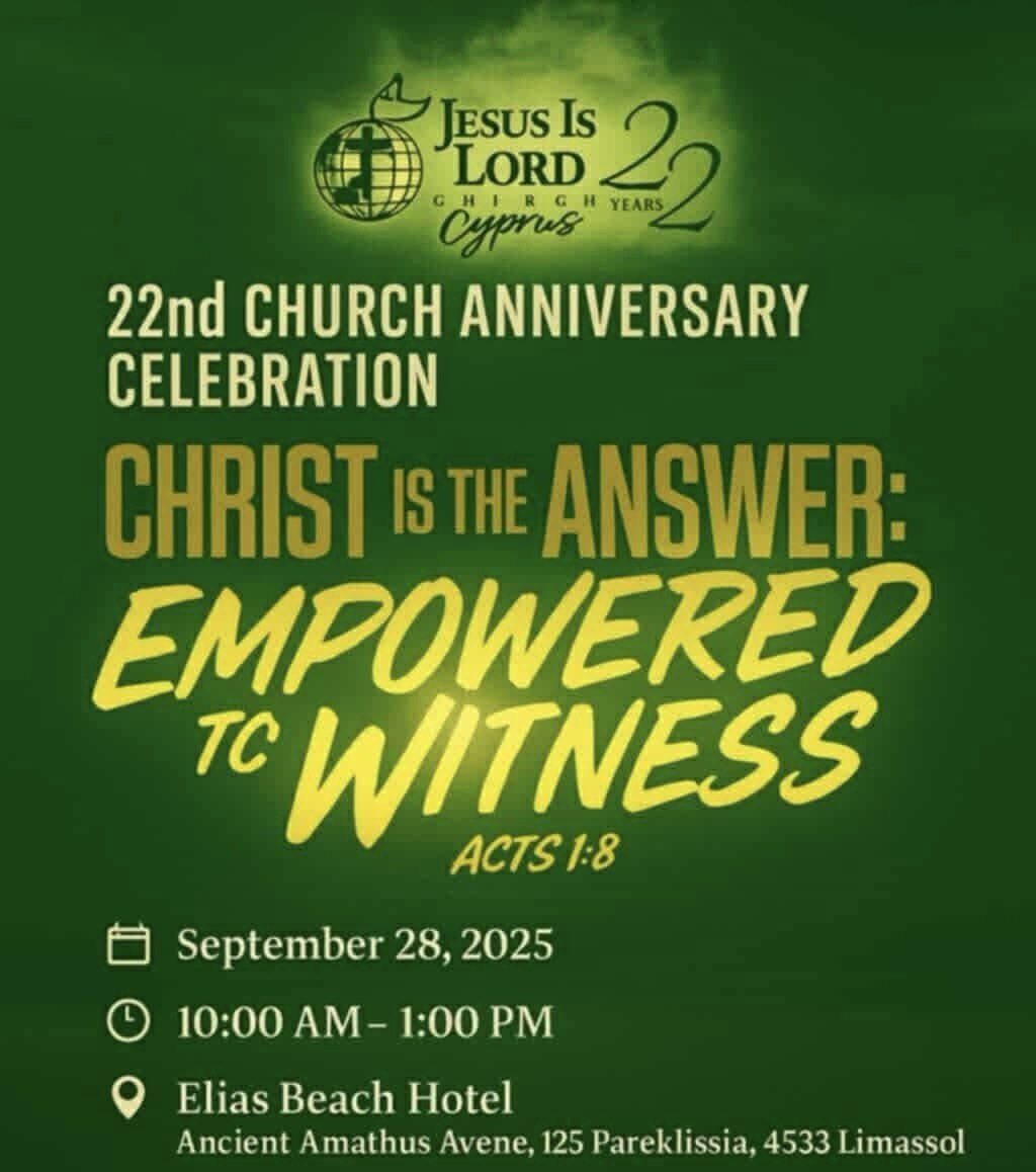 Joyful congregation raising hands in worship with text overlay: ‘Jesus is Lord Church – 22nd Anniversary Celebration, Limassol, Cyprus