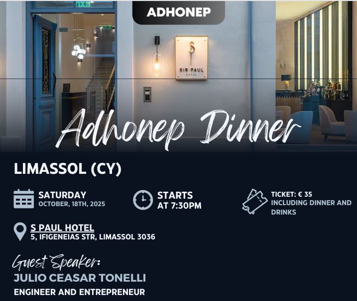 Christian Business Dinner ADHONEP on 18 October at St. Paul Hotel in Limassol—believers enjoying dinner, networking, and a guest speaker.