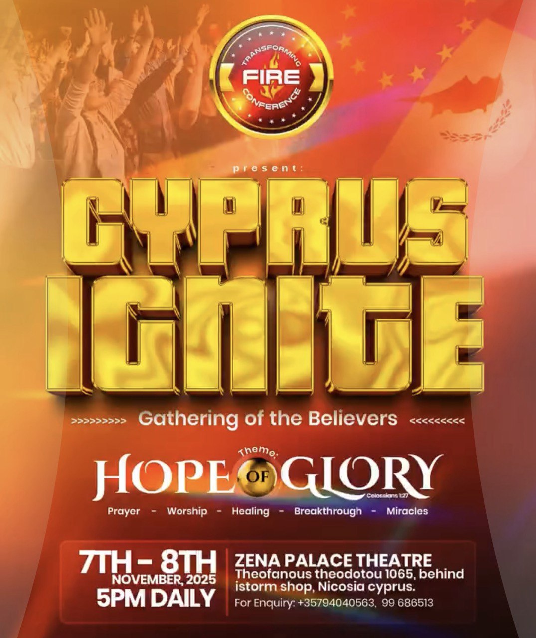 Worshippers gathered at Cyprus Ignite Conference in Zena Palace Theatre, Nicosia—largest believers’ event in Cyprus with prayer and worship.
