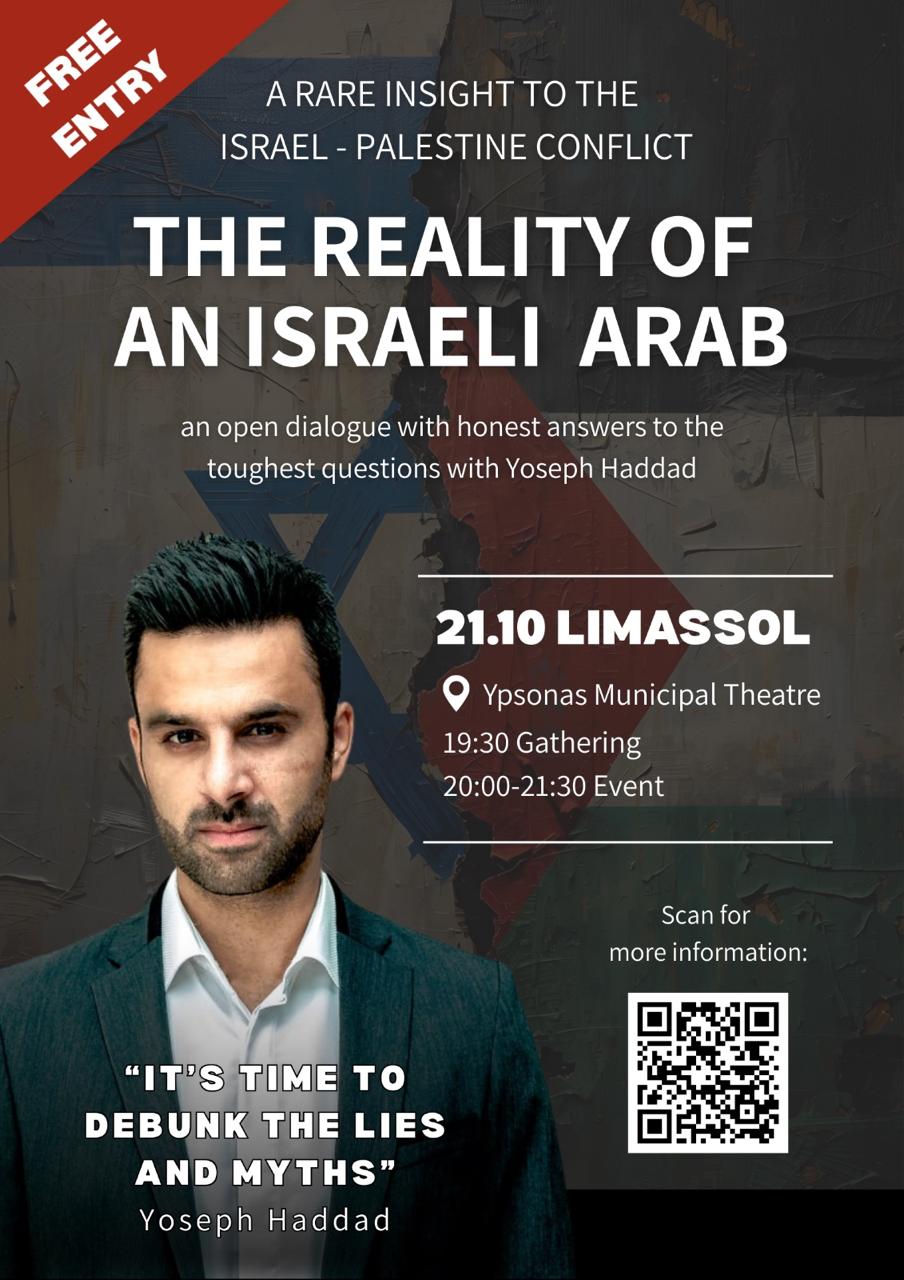 Free event “The Reality of an Israeli Arab” with Yoseph Haddad in Limassol, Ypsonas Municipal Theatre, 21 October, 19:30–21:30.