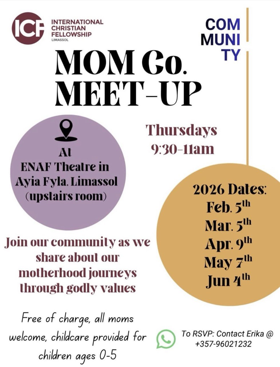 Mom meet-up in Limassol on March 3, 2026, with childcare for ages 0–5, conversation on motherhood and biblical values, and treats. Συνάντηση μαμάδων στη Λεμεσό στις 3 Μαρτίου 2026, με φροντίδα παιδιών 0–5, συζήτηση για τη μητρότητα και χριστιανικές αξίες, κεράσματα. Встреча мам в Лимассоле 3 марта 2026 года: разговоры о материнстве и библейских ценностях, угощения, присмотр за детьми 0–5 лет. لقاء الأمهات في ليماسول في 3 مارس 2026 مع رعاية للأطفال من 0–5 سنوات، وحديث عن الأمومة والقيم الكتابية، وضيافة. Mom meet-up sa Limassol noong March 3, 2026, may childcare para sa 0–5, usapan tungkol sa motherhood at biblical values, at treats. Întâlnire pentru mame în Limassol pe 3 martie 2026, cu supraveghere pentru copii 0–5 ani, discuții despre maternitate și valori biblice, gustări.