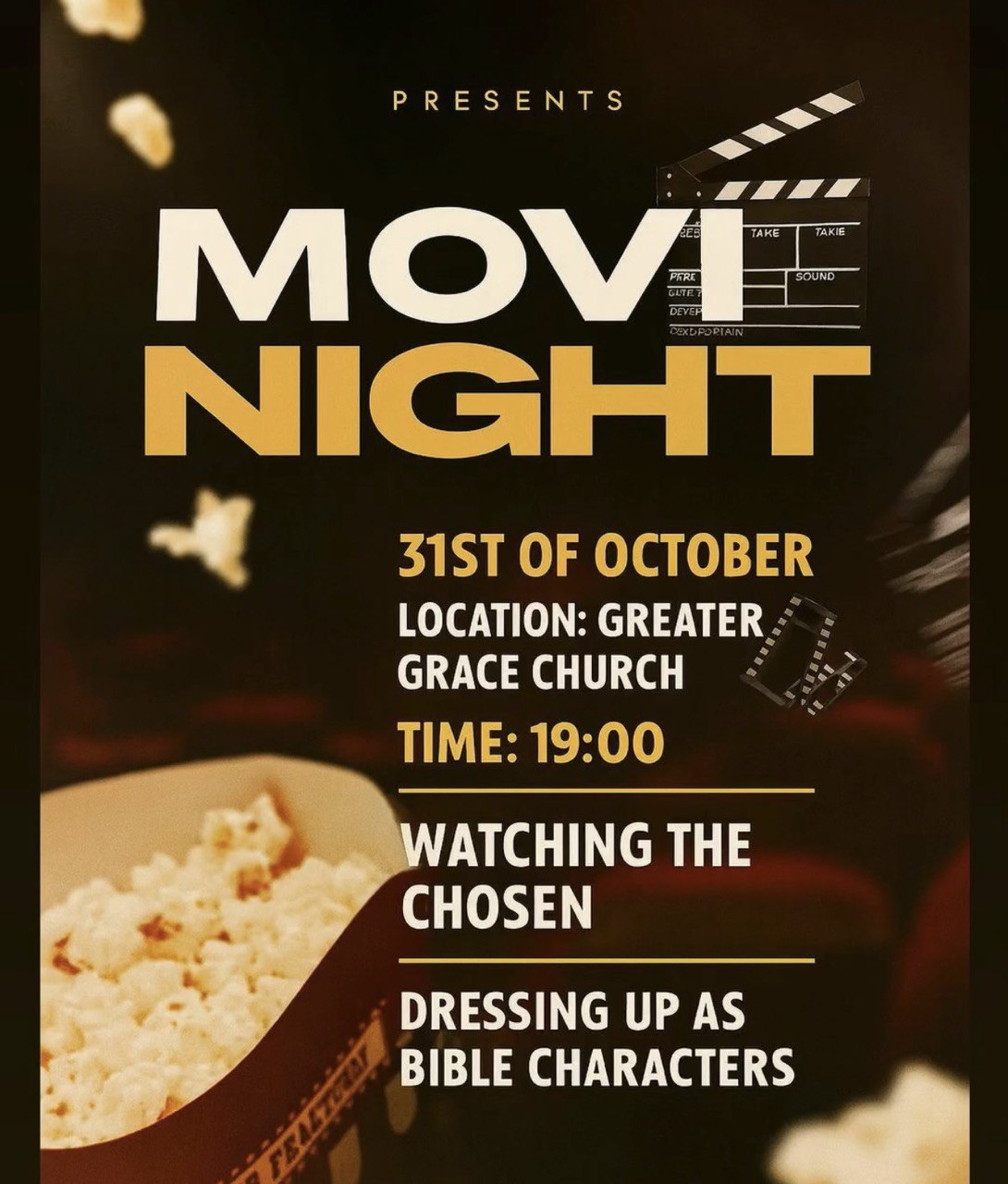 People dressed as Bible characters gathering at Greater Grace Church to watch The Chosen on October 31 at 19:00.