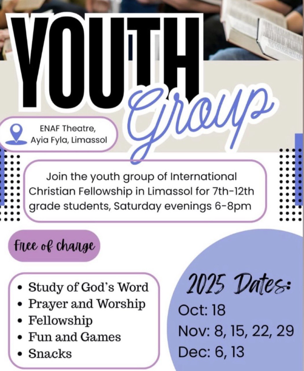 Group of young people smiling, praying, and worshiping together during a youth Christian gathering in Limassol.