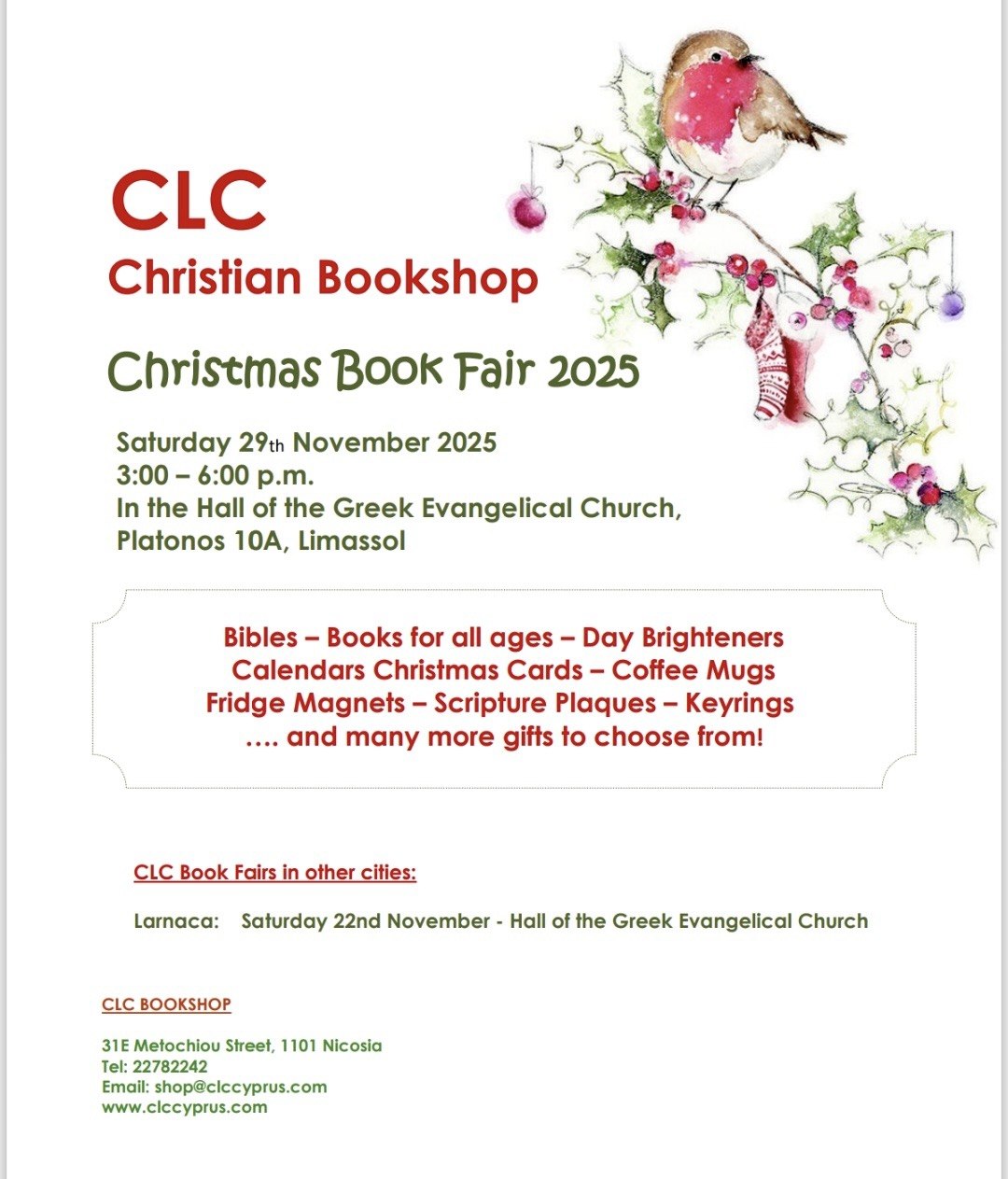 EN: Christian Book Fair in Cyprus on November 29, 2025 with locations in Limassol, Larnaca, and Nicosia. RU: Христианская книжная ярмарка 29 ноября 2025 года в Лимассоле, Ларнаке и Никосии. GR: Χριστιανική Έκθεση Βιβλίου στις 29 Νοεμβρίου 2025 σε Λεμεσό, Λάρνακα και Λευκωσία. TL: Christian Book Fair sa Cyprus, Nobyembre 29, 2025, sa Limassol, Larnaca, at Nicosia. AR: معرض الكتب المسيحية في قبرص بتاريخ 29 نوفمبر 2025 في ليماسول ولارنكا ونيقوسيا.