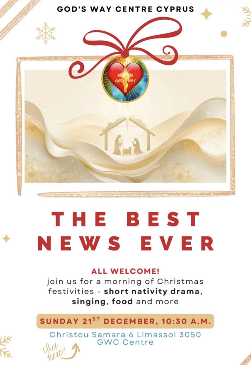 EN: Morning Christmas Festivities at God’s Way Centre on December 21 with theater, singing, and food. RU: Рождественские утренние торжества 21 декабря в God’s Way Centre — постановка, пение и угощения. GR: Χριστουγεννιάτικη πρωινή γιορτή στο God’s Way Centre στις 21 Δεκεμβρίου με θέατρο, τραγούδι και φαγητό. TL: Morning Christmas Festivities sa God’s Way Centre, December 21 — may dula, awitan, at pagkain. AR: احتفال صباح عيد الميلاد في مركز God's Way في 21 ديسمبر مع مسرح، ترانيم وطعام.