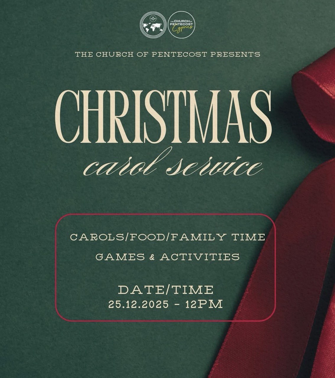 Christmas Carol Service at The Church of Pentecost in Nicosia with carols, worship, and prayer. Culte de chants de Noël à l’Église de la Pentecôte à Nicosie avec louange et prière. Servicio de villancicos de Navidad en la Iglesia de Pentecostés en Nicosia con adoración y oración. Kerslieddiens by The Church of Pentecost in Nicosia met kersliedere, aanbidding en gebed.