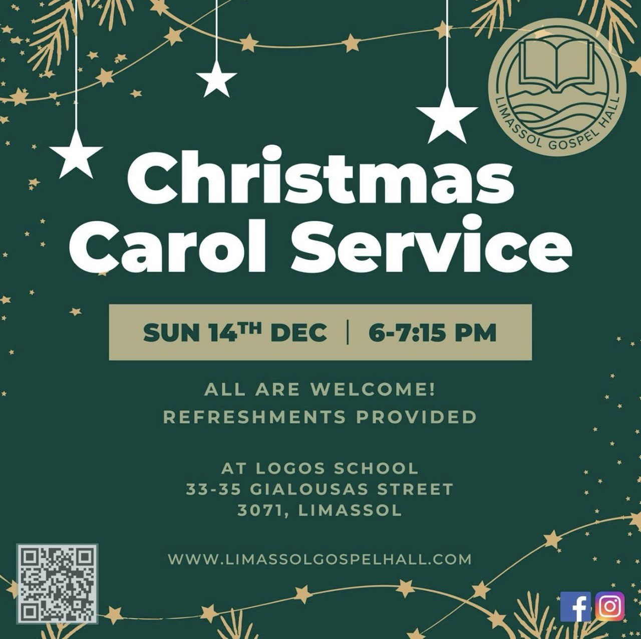Christmas Carol Service invitation for Limassol Gospel Hall on 14 December 2025 at 18:00. Приглашение на рождественское служение гимнов в Limassol Gospel Hall 14 декабря 2025 года в 18:00. Πρόσκληση για τη Χριστουγεννιάτικη Υμνωδία στο Limassol Gospel Hall στις 14/12/2025, 18:00. Запрошення на різдвяне служіння гімнів у Limassol Gospel Hall 14 грудня 2025 о 18:00.