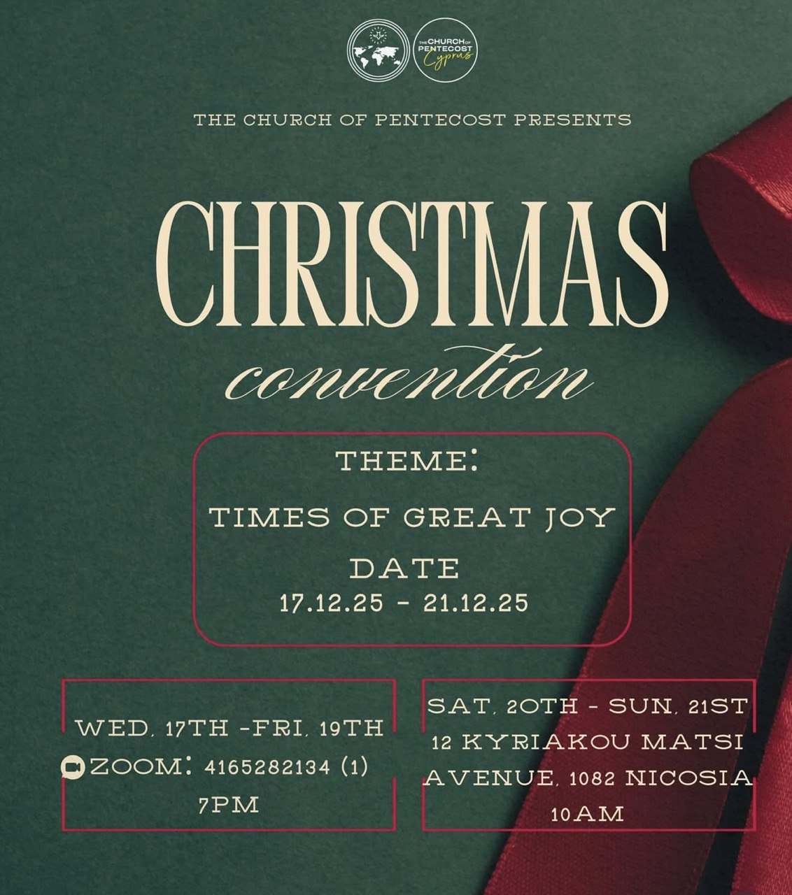 Christmas Convention “Times of Great Joy” at The Church of Pentecost in Nicosia with worship, prayer, and fellowship. Convention de Noël « Temps de grande joie » à l’Église de la Pentecôte à Nicosie avec louange et prière. Convención de Navidad « Tiempos de gran gozo » en la Iglesia de Pentecostés en Nicosia con adoración y oración. Kerskonvensie “Tye van Groot Vreugde” by The Church of Pentecost in Nicosia met aanbidding en gebed