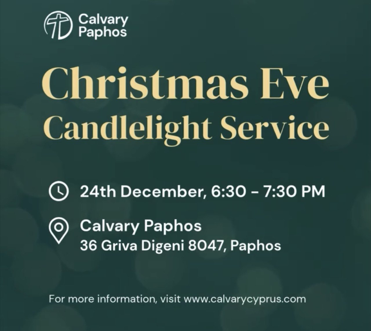 Christmas Eve Candlelight Service at Calvary Paphos on 24 December 2025 at 18:30. 帕福斯 Calvary 教会的平安夜烛光礼拜，时间为 2025 年 12 月 24 日 18:30。Χριστουγεννιάτικη παραμονή με λαμπαδηφορία στην εκκλησία Calvary Paphos, 24 Δεκεμβρίου 2025, ώρα 18:30. 18:30 قداس ليلة عيد الميلاد على ضوء الشموع في كنيسة كالفاري بافوس، 24 ديسمبر 2025 الساعة