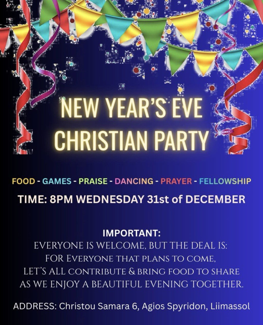 New Year’s Eve church party at God’s Way Center in Limassol with worship, prayer, fellowship, and celebration, Célébration du Nouvel An à l’église God’s Way Center à Limassol avec louange, prière et temps de partage, Celebración de Año Nuevo en la iglesia God’s Way Center en Limassol con adoración, oración y convivencia, 利马索尔 God’s Way Center 教会的新年前夜庆祝活动，包括敬拜、祷告和团契, リマソールのGod’s Way Center教会で行われる礼拝と祈り、交流を含む大晦日の祝会