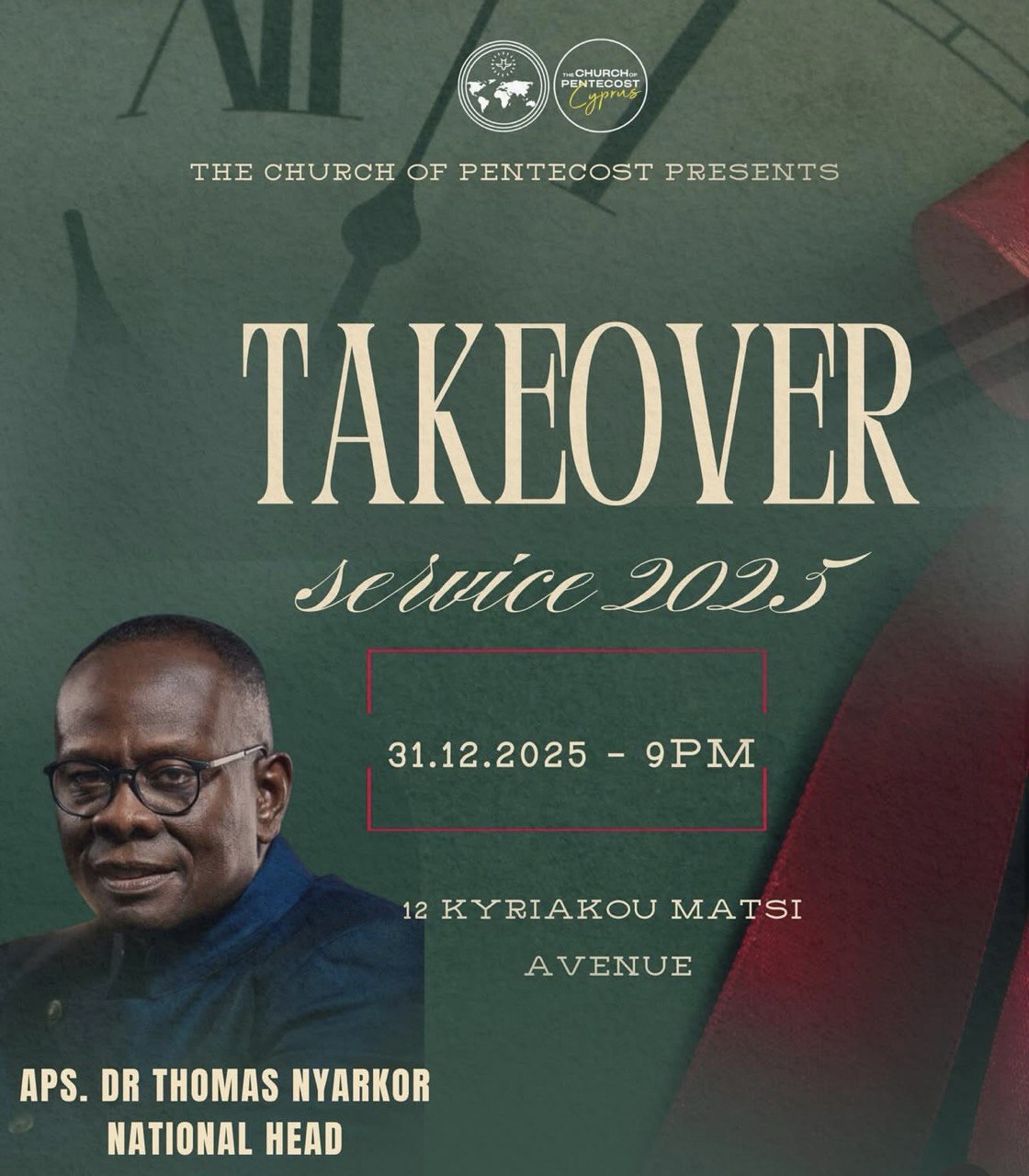 Takeover Service 2025 at The Church of Pentecost in Nicosia with worship, prayer, and guest speaker Dr. Thomas Nyarkor. Culte de transition 2025 à l’Église de la Pentecôte à Nicosie avec louange, prière et le Dr Thomas Nyarkor. Servicio Takeover 2025 en la Iglesia de Pentecostés en Nicosia con adoración, oración y el Dr. Thomas Nyarkor. Takeover-diens 2025 by The Church of Pentecost in Nicosia met aanbidding, gebed en Dr. Thomas Nyarkor.