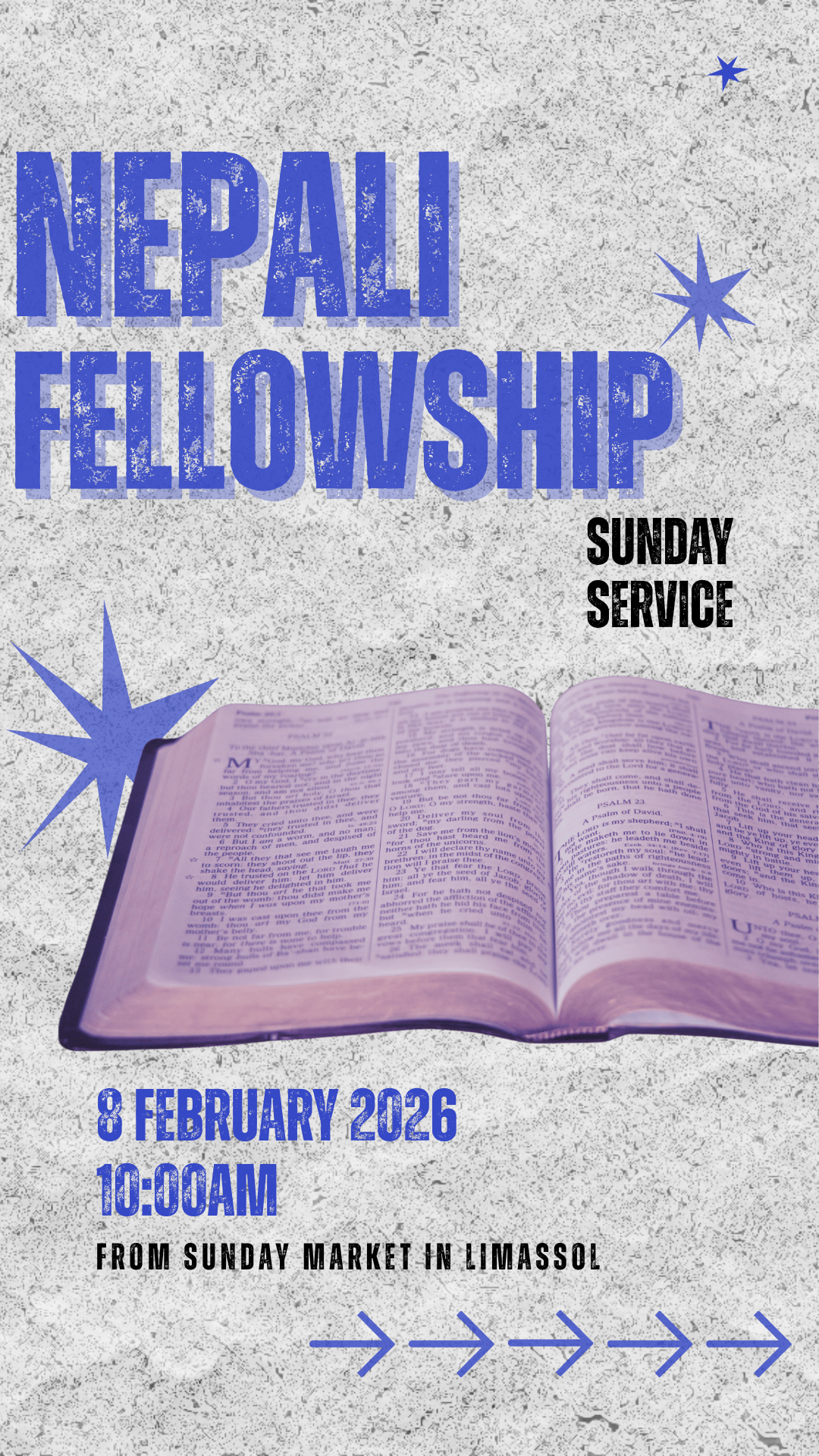 EN: Event poster: Troodos Mountains Service in Cyprus — 8 February 2026. Bus transportation and food will be provided. NE (Nepali): कार्यक्रम पोस्टर: किप्रसको ट्रोओडोस पहाड सेवा — ८ फेब्रुअरी २०२६। बस र खाना उपलब्ध हुनेछ।