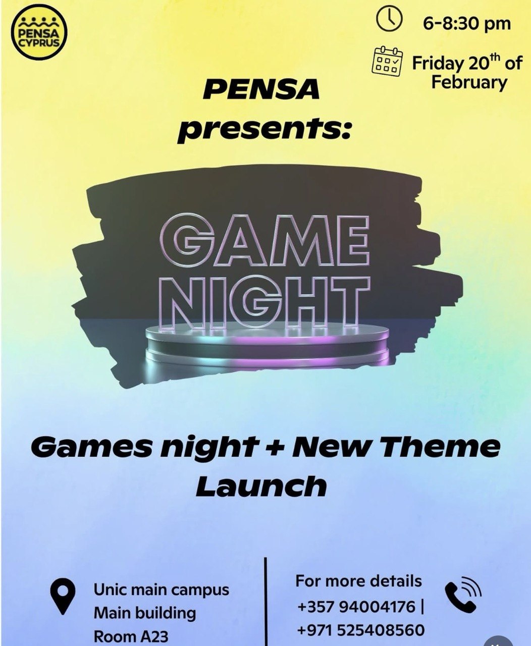 Game Night by PENSA Cyprus on February 20, 2025 at 18:00 in Room A23, Main Building, UNIC Main Campus, Nicosia. Students enjoying board games and fellowship. Soirée jeux organisée par PENSA Cyprus le 20 février 2025 à 18h00, salle A23, bâtiment principal du campus principal UNIC à Nicosie. Étudiants jouant et partageant un moment convivial. Βραδιά Παιχνιδιών από την PENSA Cyprus στις 20 Φεβρουαρίου 2025 στις 18:00, Αίθουσα A23, Κεντρικό Κτίριο, Κεντρική Πανεπιστημιούπολη UNIC, Λευκωσία. Φοιτητές απολαμβάνουν επιτραπέζια παιχνίδια και συναναστροφή. Noche de Juegos organizada por PENSA Cyprus el 20 de febrero de 2025 a las 18:00 en la Sala A23, Edificio Principal, Campus Principal UNIC en Nicosia. Estudiantes disfrutando de juegos y compañerismo. Noite de Jogos organizada pela PENSA Cyprus em 20 de fevereiro de 2025 às 18:00 na Sala A23, Edifício Principal, Campus Principal da UNIC em Nicósia. Estudantes aproveitando jogos e convivência. PENSA Cyprus tarafından 20 Şubat 2025 saat 18:00’de UNIC Ana Kampüs, Ana Bina A23 Salonunda düzenlenen Oyun Gecesi. Öğrenciler masa oyunları oynuyor ve birlikte vakit geçiriyor. ليلة ألعاب من تنظيم PENSA Cyprus في 20 فبراير 2025 الساعة 18:00 في القاعة A23 بالمبنى الرئيسي للحرم الرئيسي UNIC في نيقوسيا. طلاب يستمتعون بالألعاب واللقاء معًا.