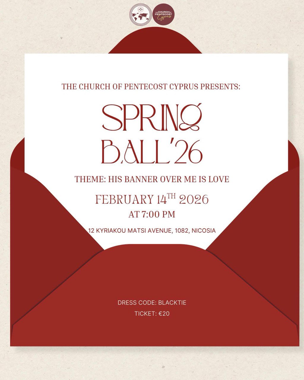 English: Spring Ball ’26 — elegant Valentine’s evening by The Church of Pentecost Cyprus, Black Tie event. Ελληνικά: Spring Ball ’26 — κομψή βραδιά Αγίου Βαλεντίνου από την Εκκλησία της Πεντηκοστής Κύπρου. Русский: Spring Ball ’26 — элегантный вечер ко Дню святого Валентина от The Church of Pentecost Cyprus. Türkçe: Spring Ball ’26 — The Church of Pentecost Cyprus tarafından düzenlenen şık Sevgililer Günü gecesi.