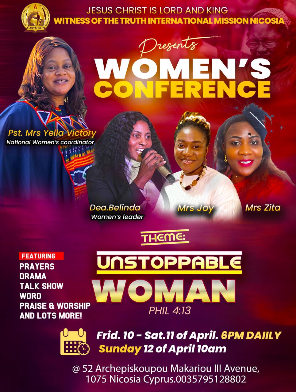 EN: Women Conference in Nicosia 2026 at WITRIM Church Unstoppable Woman theme RU: Женская конференция в Никосии 2026 в церкви WITRIM тема Несокрушимая женщина EL: Γυναικείο συνέδριο στη Λευκωσία 2026 στην εκκλησία WITRIM θέμα Unstoppable Woman TR: Lefkoşa’da kadın konferansı 2026 WITRIM kilisesinde Unstoppable Woman teması FR: Conférence pour femmes à Nicosie 2026 à l’église WITRIM thème femme inarrêtable ES: Conferencia de mujeres en Nicosia 2026 en la iglesia WITRIM tema mujer imparable PT: Conferência de mulheres em Nicósia 2026 na igreja WITRIM tema mulher imparável UK: Жіноча конференція в Нікосії 2026 у церкві WITRIM тема Незламна жінка RO: Conferință pentru femei în Nicosia 2026 la biserica WITRIM tema femeia de neoprit DE: Frauenkonferenz in Nikosia 2026 in der WITRIM Kirche Thema Unstoppable Woman