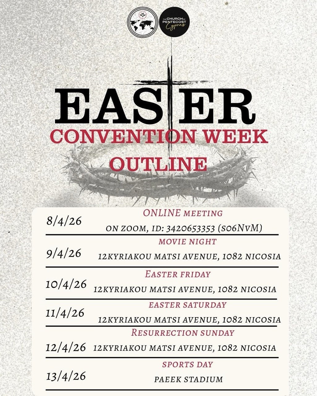 EN: Easter Convention Week 2026 Nicosia Church of Pentecost Cyprus RU: Пасхальная неделя конференции 2026 Никосия церковь Пятидесятников Кипр GR: Εβδομάδα Πασχαλινής Συνδιάσκεψης 2026 Λευκωσία Εκκλησία Πεντηκοστής TR: Paskalya Konferans Haftası 2026 Lefkoşa Pentekost Kilisesi FR: Semaine de Convention de Pâques 2026 Nicosie Église de Pentecôte ES: Semana de Convención de Pascua 2026 Nicosia Iglesia Pentecostal UA: Пасхальний тиждень конференції 2026 Нікосія Церква П’ятидесятників PT: Semana da Convenção de Páscoa 2026 Nicósia Igreja Pentecostal RO: Săptămâna Convenției de Paște 2026 Nicosia Biserica Penticostală PL: Tydzień Konferencji Wielkanocnej 2026 Nikozja Kościół Zielonoświątkowy
