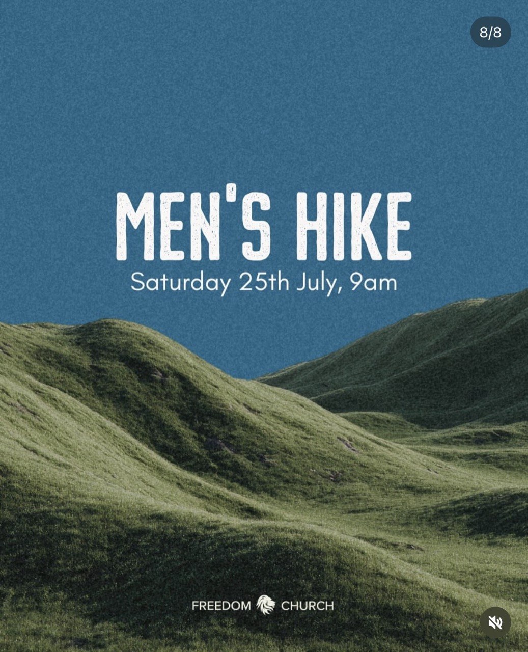 Men's Hike hosted by Freedom Church on Saturday, July 25, at 9:00 AM, inviting men to enjoy hiking, fellowship, and the outdoors. Greek Πρόσκληση για την Ανδρική Πεζοπορία της Freedom Church το Σάββατο 25 Ιουλίου στις 9:00 π.μ., για μια ημέρα φύσης και χριστιανικής κοινωνίας. Russian Афиша мужского похода от Freedom Church в субботу, 25 июля, в 9:00 утра, посвященного общению, дружбе и совместной прогулке на природе. Arabic إعلان رحلة المشي للرجال من كنيسة Freedom يوم السبت 25 يوليو الساعة 9:00 صباحًا، لقضاء وقت في الطبيعة والصداقة والشركة. Filipino Paanyaya sa Men's Hike ng Freedom Church sa Sabado, Hulyo 25, alas-9 ng umaga para sa hiking, fellowship, at pagkakaibigan. Romanian Invitație la Men's Hike organizată de Freedom Church, sâmbătă, 25 iulie, la ora 9:00, pentru drumeție și părtășie.