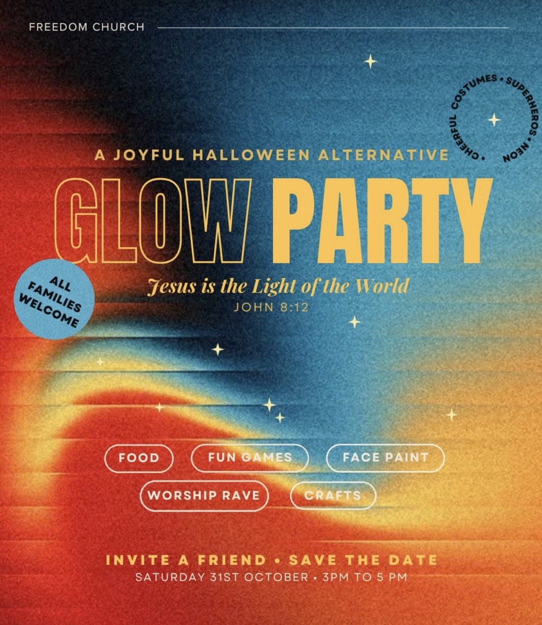 Glow Party 2026 at Freedom Church Limassol, Cyprus, 31 October, 3–5 PM. Christian Halloween alternative with games, worship, crafts and family activities. Афиша Glow Party 2026 в церкви Freedom Church, Лимасол, Кипр, 31 октября, 15:00–17:00. Христианская альтернатива Хэллоуину с играми, прославлением и развлечениями для семей. Плакат за Glow Party 2026 в църква Freedom Church, Лимасол, Кипър, 31 октомври, 15:00–17:00. Християнска алтернатива на Хелоуин с игри, хваление и семейни занимания. Αφίσα για το Glow Party 2026 στην εκκλησία Freedom Church στη Λεμεσό, Κύπρος, στις 31 Οκτωβρίου, 15:00–17:00. Χριστιανική εναλλακτική του Halloween με παιχνίδια, λατρεία και οικογενειακές δραστηριότητες. Poster ng Glow Party 2026 sa Freedom Church, Limassol, Cyprus, sa Oktubre 31, 3–5 PM. Kristiyanong alternatibo sa Halloween na may mga laro, pagsamba, crafts at mga aktibidad para sa pamilya. फ्रीडम चर्च, लिमासोल, साइप्रस में 31 अक्टूबर 2026 को दोपहर 3 से 5 बजे तक ग्लो पार्टी का पोस्टर। खेल, आराधना, शिल्प और पारिवारिक गतिविधियों के साथ हैलोवीन का ईसाई विकल्प। Афіша Glow Party 2026 у церкві Freedom Church, Лімасол, Кіпр, 31 жовтня, 15:00–17:00. Християнська альтернатива Геловіну з іграми, прославленням і сімейними розвагами. ملصق حفلة Glow Party 2026 في كنيسة Freedom Church في ليماسول، قبرص، يوم 31 أكتوبر من الساعة 3 إلى 5 مساءً. بديل مسيحي للهالوين يتضمن الألعاب والتسبيح والأعمال اليدوية والأنشطة العائلية.